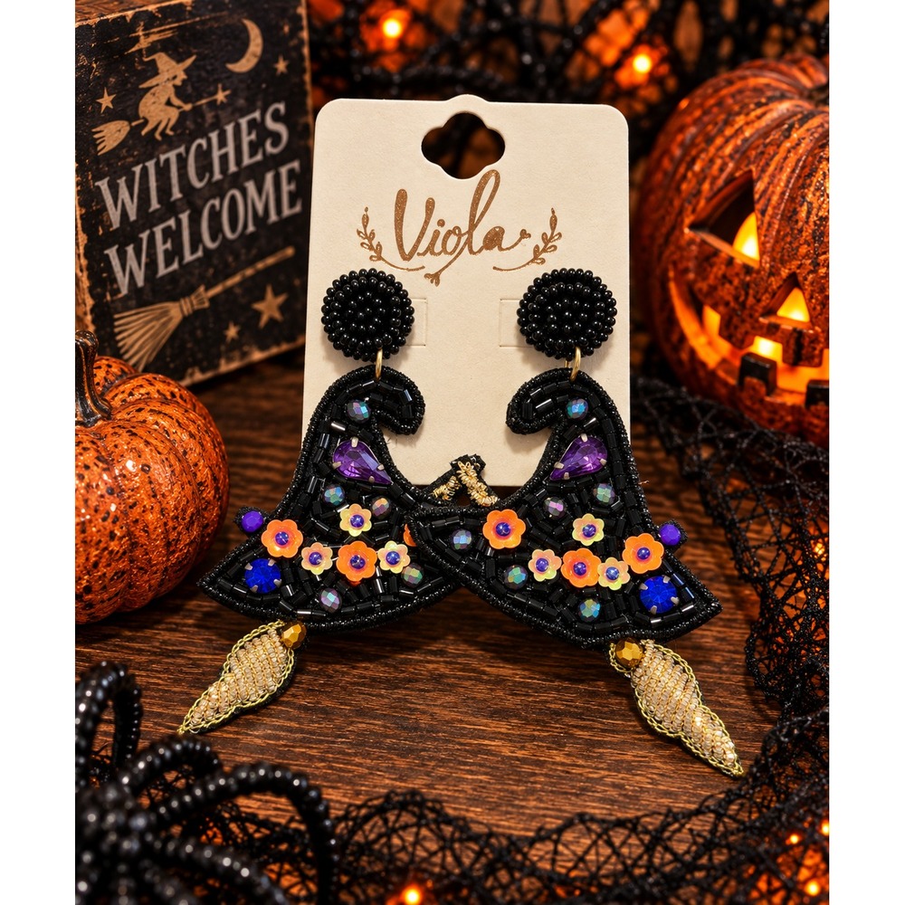 Witch Hat Earrings Halloween Seed Bead Broom Rhinestone Statement Earrings